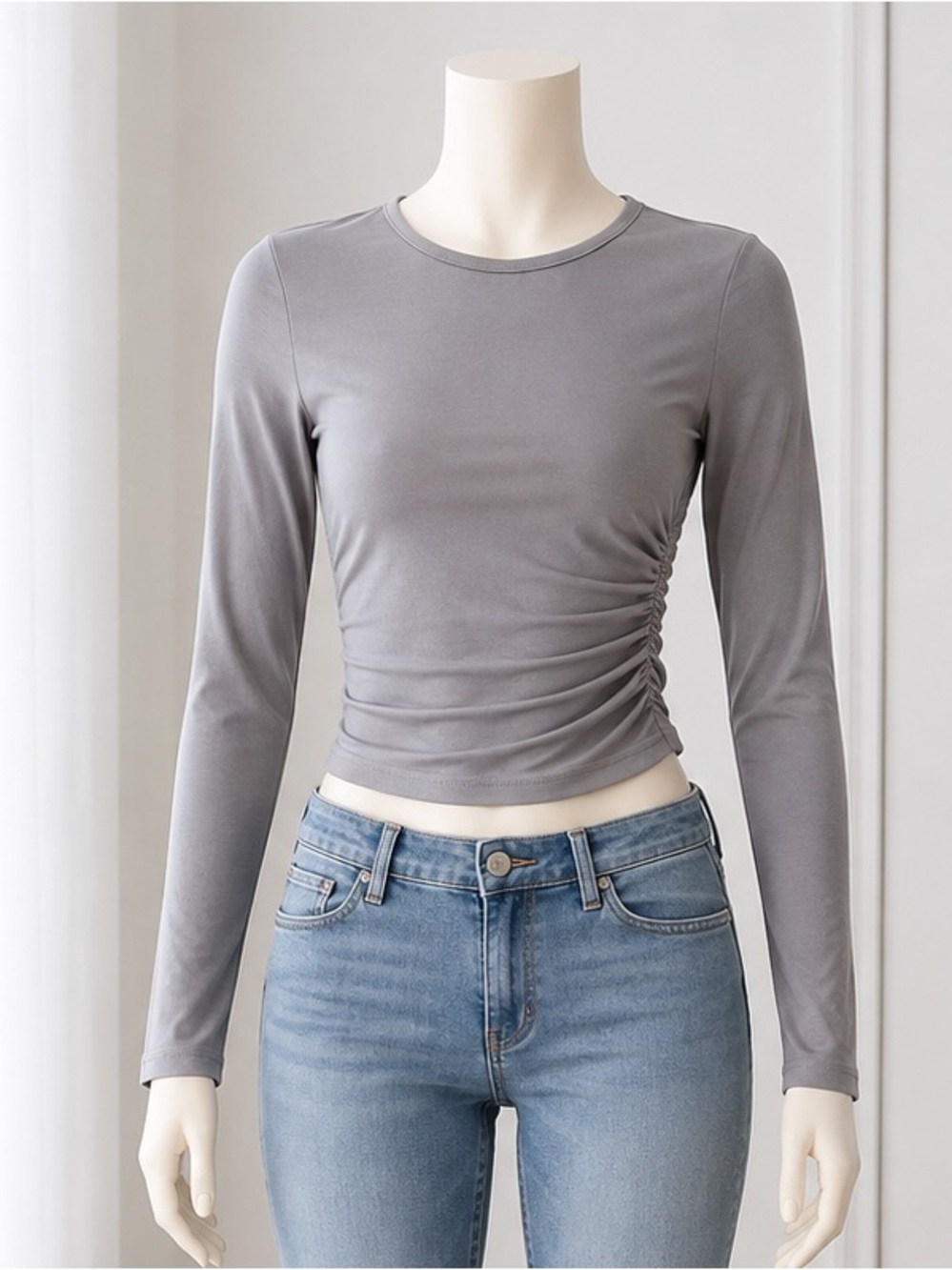 SHEIN Gray Long-Sleeve Ruched Top with Light Blue Jeans
